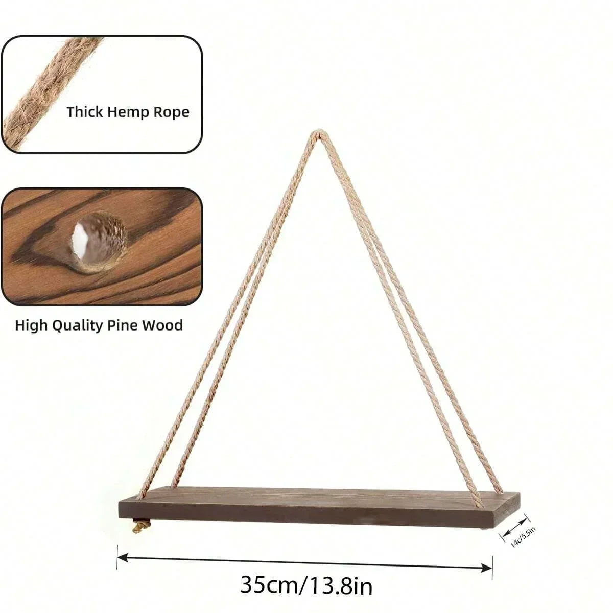 Wooden wall shelf with rope, decoration