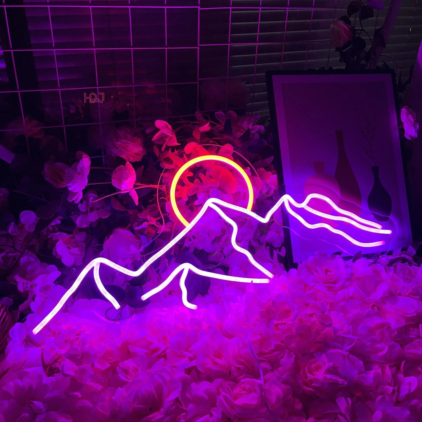 Neon LED sign mountain and sun wall decoration