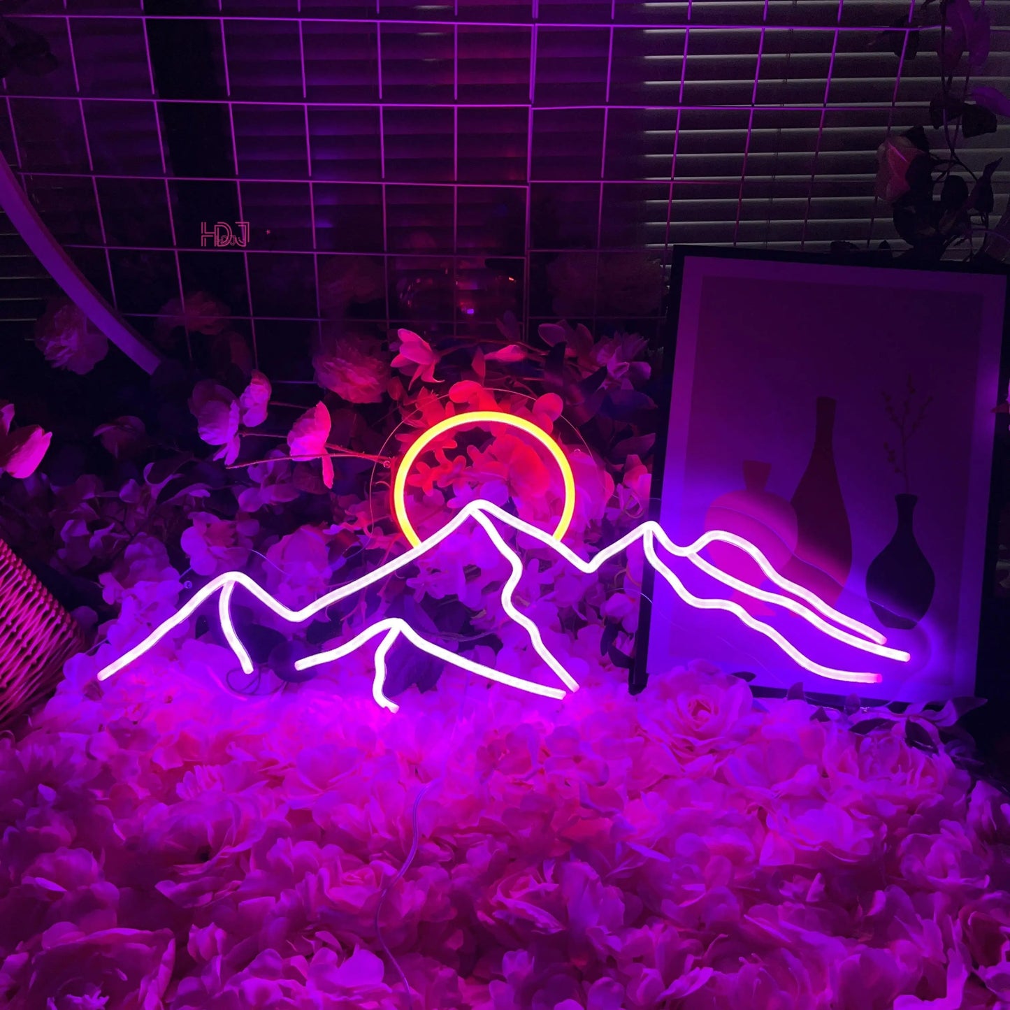 Neon LED sign mountain and sun wall decoration