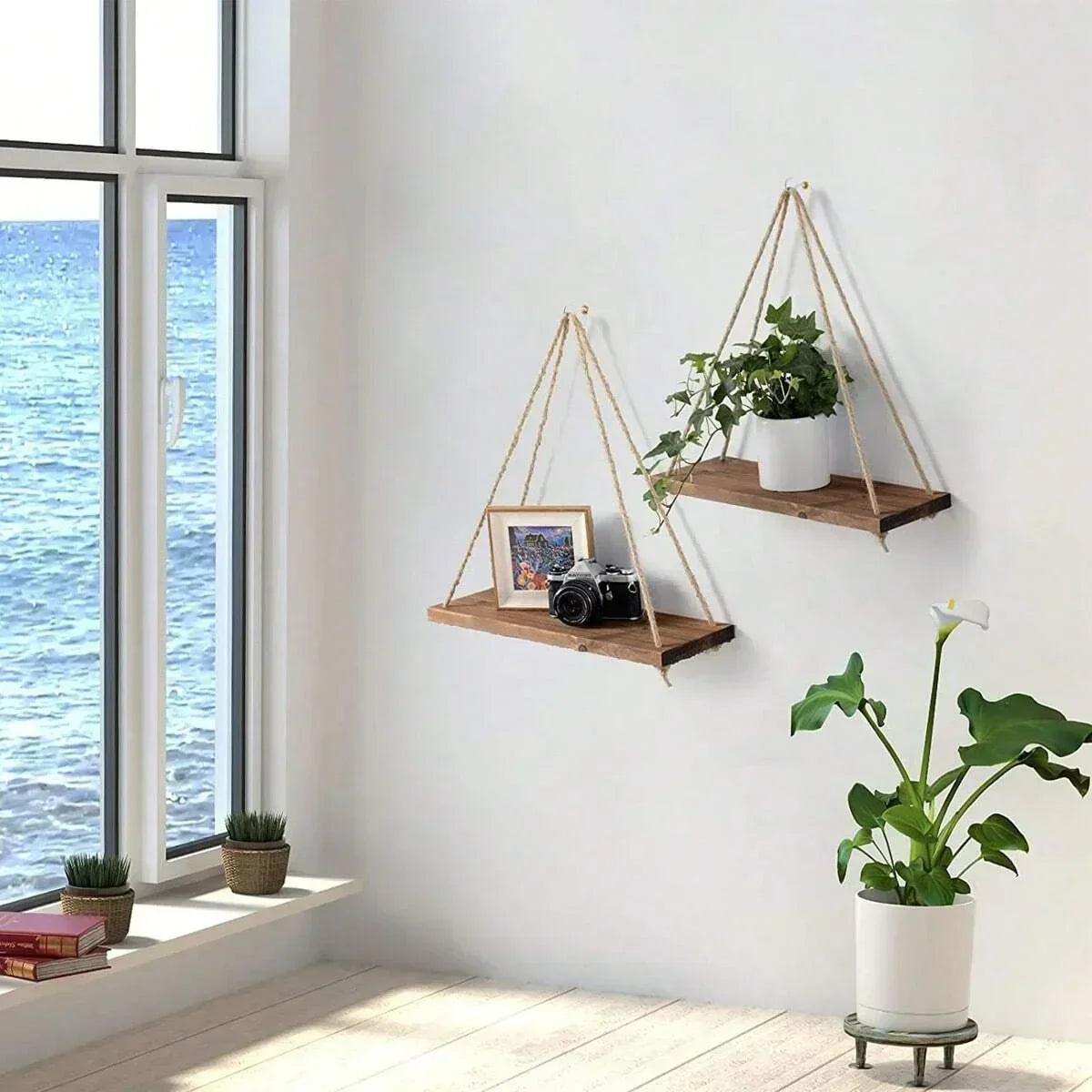 Wooden wall shelf with rope, decoration