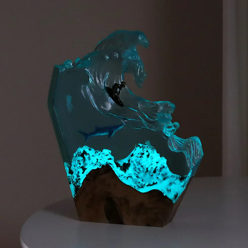 LED lamp with surfing motif, jellyfish and sharks, USB